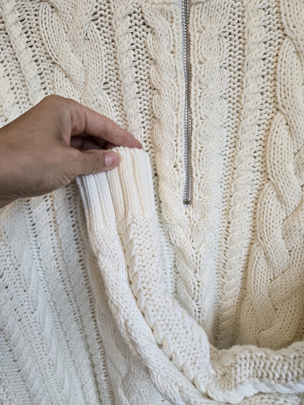 Jenni Kayne Cotton Cable-Knit Zip Sweater In Cream | Size Large - Picture 6 of 9